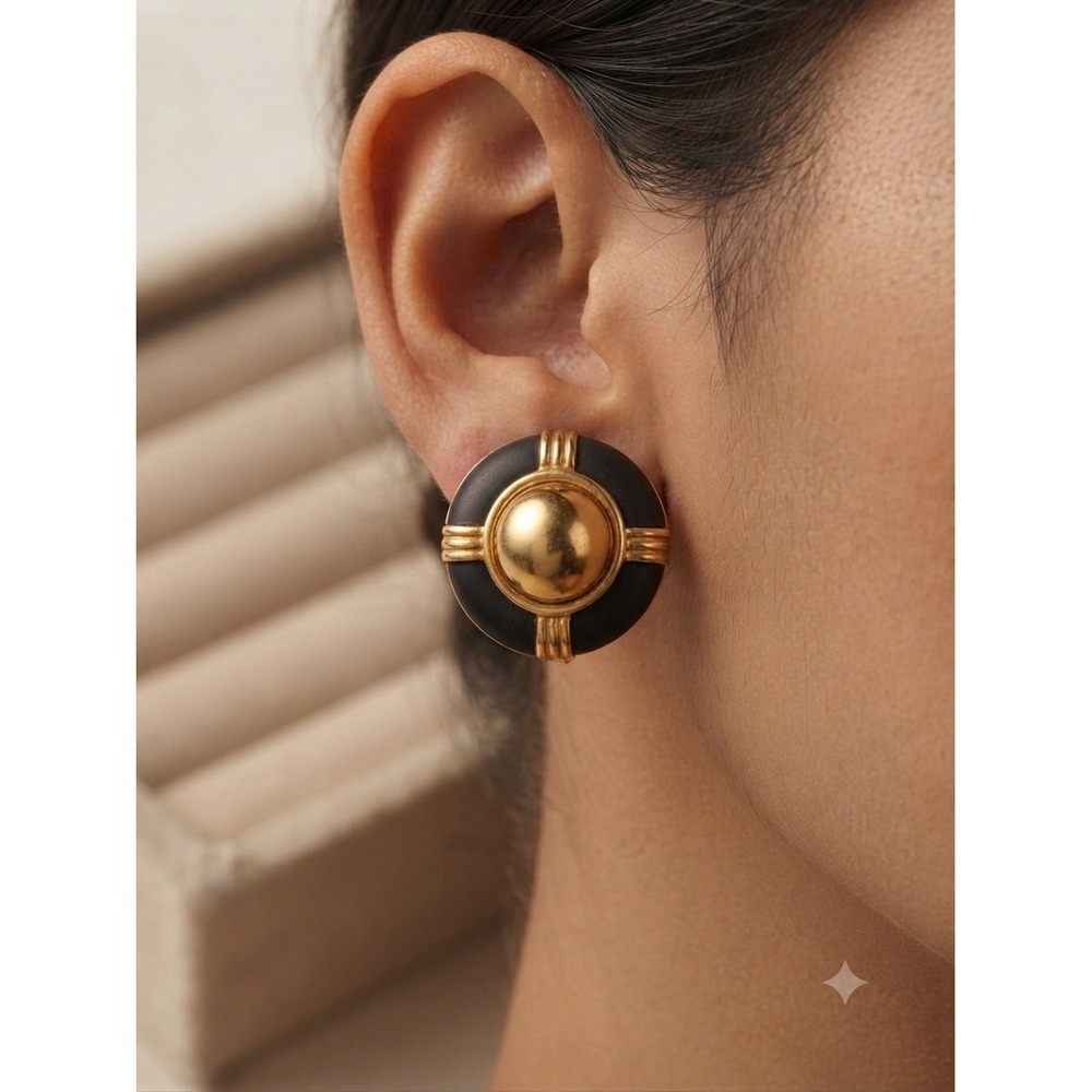 Vintage Black and Gold Tone Dome Clip On Earrings Statement Round Retro Jewelry